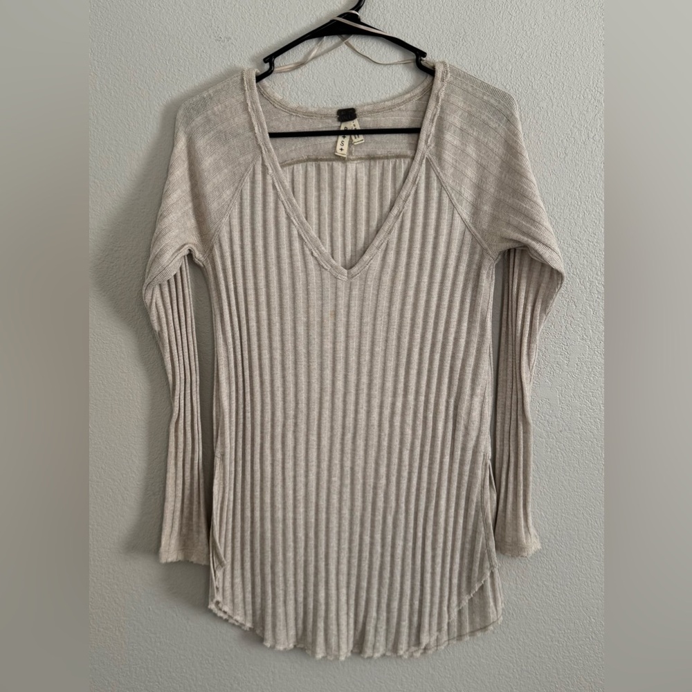 Free People We The Free Ribbed V-Neck Long Sleeve Top Oatmeal Knit